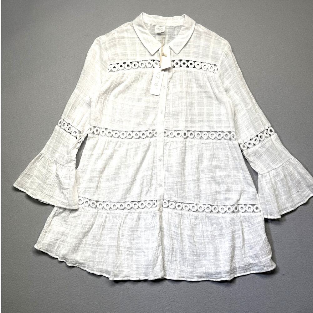 Ibiza Anne Cole Women's Button Up Crochet Trim Cover-Up Tunic white XL $72